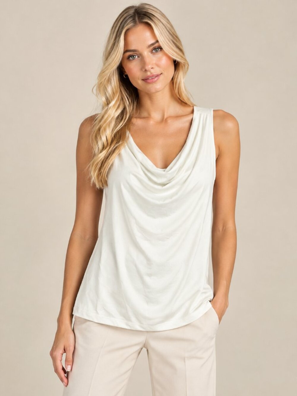 2/$30 T TAHARI Draped Cowl Neck Sleeveless Shell Pearl White Small #A5539